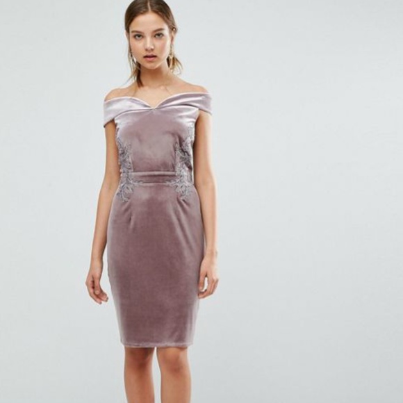 Stretch Velvet bodycon Dress Off the Shoulder Size Tall NWOT. Mauve. - Picture 2 of 8